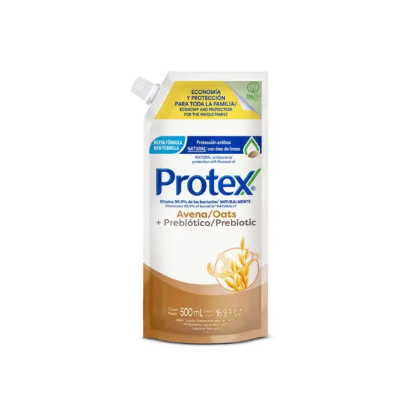 1280 Jabon Antibacterial Liquido de Maños Relleno Protex Avena, 500 Ml